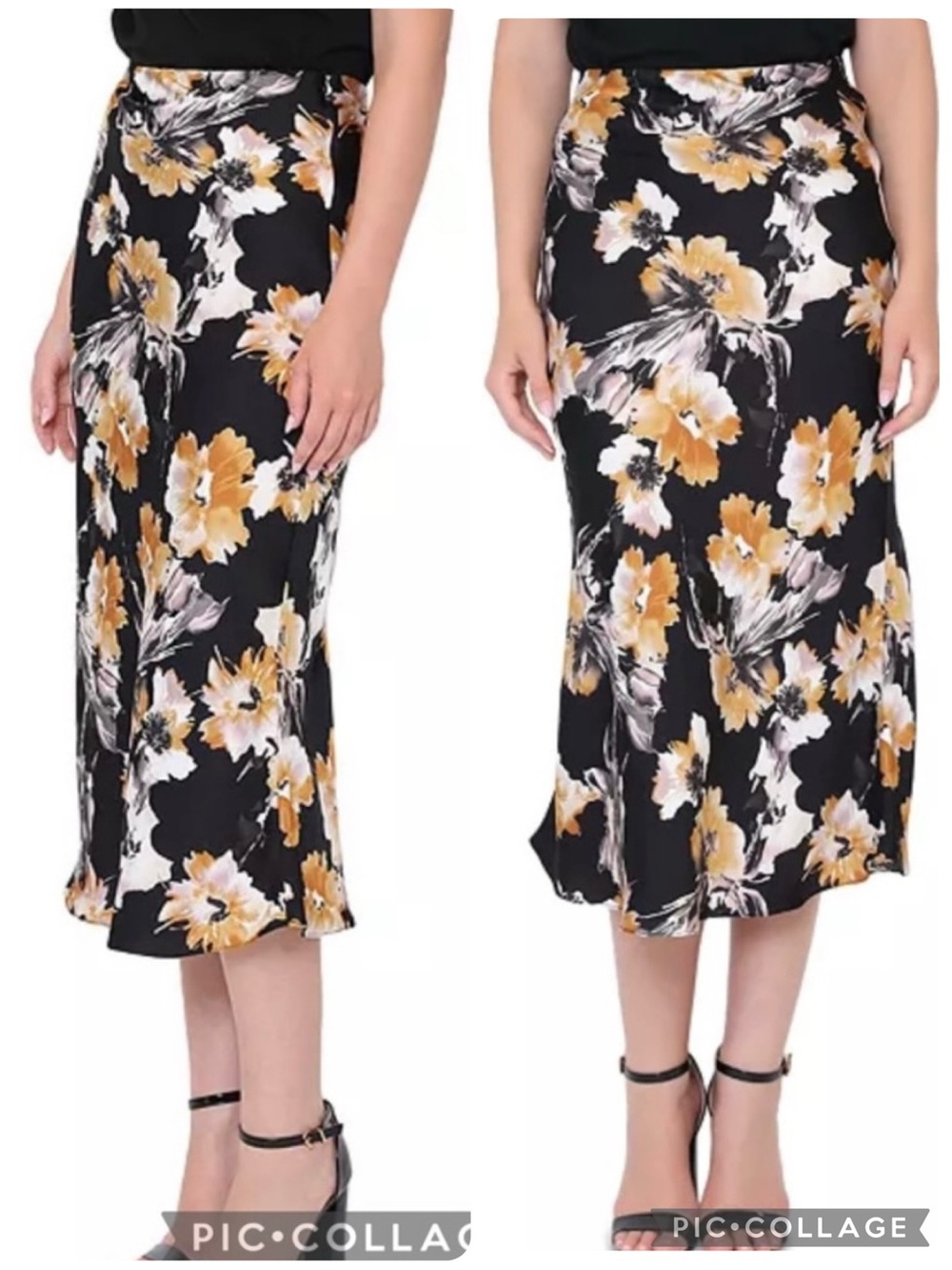 Gracia Black Floral Satin Skirt Midi Flared Hem NWT 8 Quiet Luxury Elegant